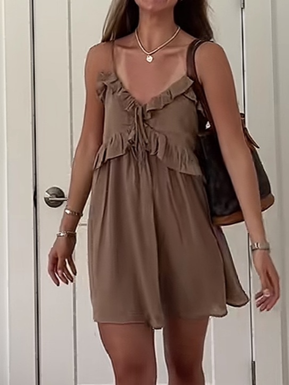 Abercrombie & Fitch Taupe Ruffle Spaghetti-Strap Mini Dress